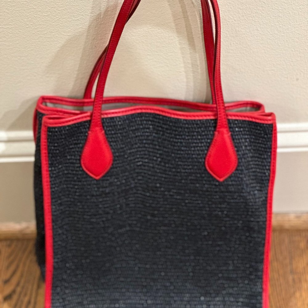 MZ Wallace Navy Blue with Red Piping Woven Tote - Bellport